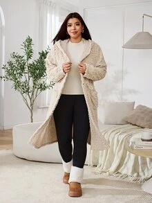 Solflare Plus Size Comfortable Button Long Sleeve Pocket Hooded Jacket - Camel - View 3