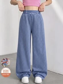 SHEIN Kids Tween Girl Y2k Blue Denim Brushed-Cotton Base Warm Loose And Comfortable Jeans For Black To School Autumn Winter - Blue - View 4