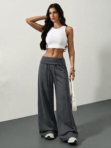 SHEIN Tall 灰色針織抓絨抽繩腰寬鬆運動長褲，冬季畢業季、返校穿搭、畢業禮、女教師秋季服飾，適合高個女性 - 灰色 - 查看 9