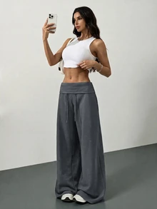 SHEIN Tall 灰色針織抓絨抽繩腰寬鬆運動長褲，冬季畢業季、返校穿搭、畢業禮、女教師秋季服飾，適合高個女性 - 灰色 - 查看 8