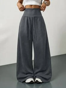 SHEIN Tall 灰色針織抓絨抽繩腰寬鬆運動長褲，冬季畢業季、返校穿搭、畢業禮、女教師秋季服飾，適合高個女性 - 灰色 - 查看 4