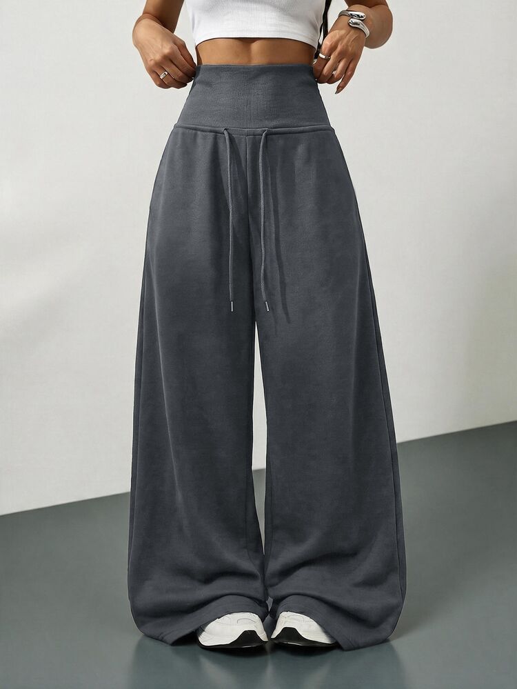 SHEIN Tall Grey Knit Fleece Drawstring Waist Loose Sweatpants, Winter Graduation,Back To School Outfits,Graduation,Teacher For Women,Back Fall Cloth, Tall Women - Grey - View 4