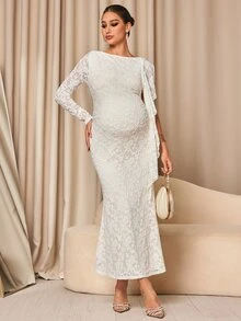 MaterniChic Maternity Jacquard Textured Lace Patchwork Fashionable Elegant Dress - Apricot - View 9