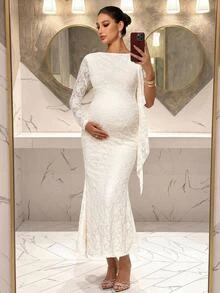 MaterniChic Maternity Jacquard Textured Lace Patchwork Fashionable Elegant Dress - Apricot - View 5