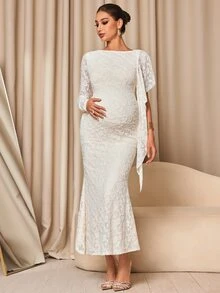 MaterniChic Maternity Jacquard Textured Lace Patchwork Fashionable Elegant Dress - Apricot - View 4
