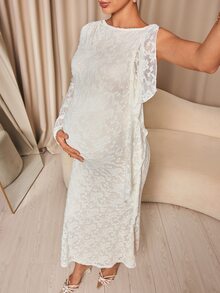 MaterniChic Maternity Jacquard Textured Lace Patchwork Fashionable Elegant Dress - Apricot - View 3