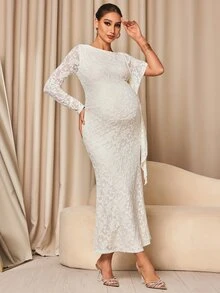 MaterniChic Maternity Jacquard Textured Lace Patchwork Fashionable Elegant Dress - Apricot - View 6