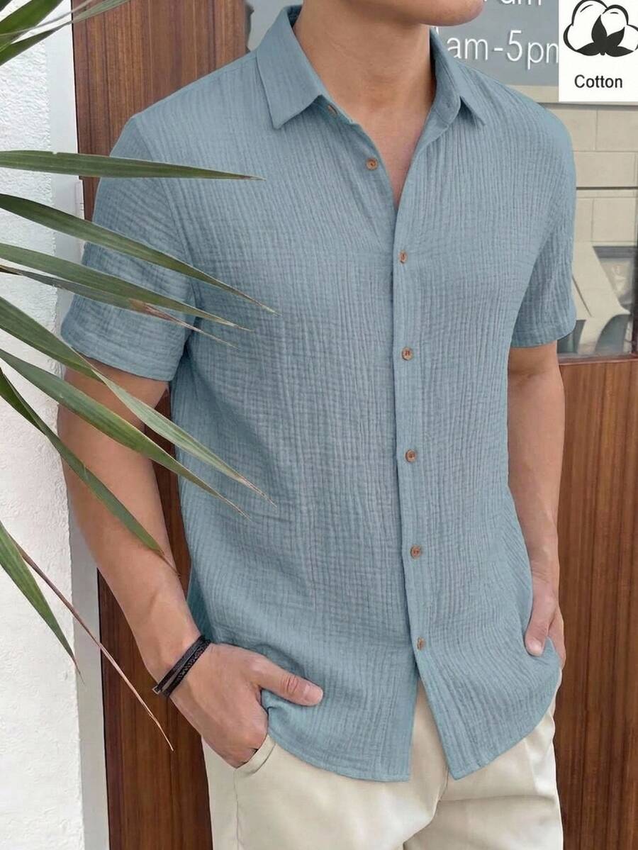 HIMLAND 男士梭織休閒短袖襯衫,適合萬聖節、冬季派對與秋季穿著 - 藍色 - 查看 1