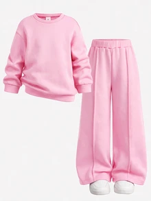 SHEIN 兒童女童加厚秋冬新款運動衫套裝，多色，休閒百搭街頭風，開學季、萬聖節適用 - 粉色 - 查看 14