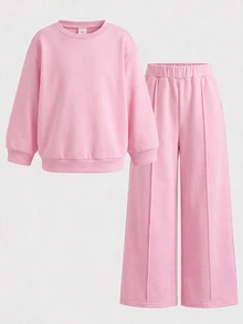 SHEIN 兒童女童加厚秋冬新款運動衫套裝，多色，休閒百搭街頭風，開學季、萬聖節適用 - 粉色 - 查看 11