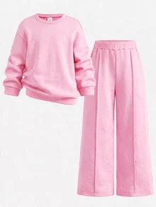 SHEIN 兒童女童加厚秋冬新款運動衫套裝，多色，休閒百搭街頭風，開學季、萬聖節適用 - 粉色 - 查看 12