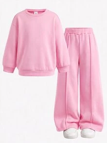 SHEIN 兒童女童加厚秋冬新款運動衫套裝，多色，休閒百搭街頭風，開學季、萬聖節適用 - 粉色 - 查看 13
