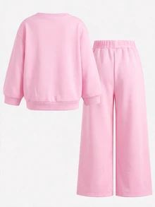 SHEIN 兒童女童加厚秋冬新款運動衫套裝，多色，休閒百搭街頭風，開學季、萬聖節適用 - 粉色 - 查看 2