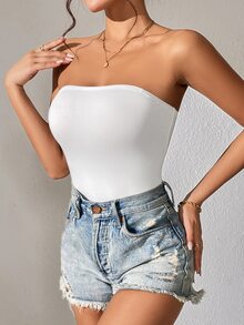 SHEIN PETITE Women Solid Tube Summer Bodysuit,Petite Women Everyday White Minimalist Basic - White - View 5
