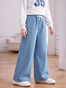 SHEIN Kids Tween Girl Light Blue Ruffled Bottom Warmth-Friendly Loose-Fitting Denim Jeans For Black To School Autumn Winter - Blue - View 3