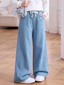 SHEIN Kids Tween Girl Light Blue Ruffled Bottom Warmth-Friendly Loose-Fitting Denim Jeans For Black To School Autumn Winter - Blue - View 5