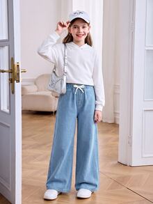 SHEIN Kids Tween Girl Light Blue Ruffled Bottom Warmth-Friendly Loose-Fitting Denim Jeans For Black To School Autumn Winter - Blue - View 4