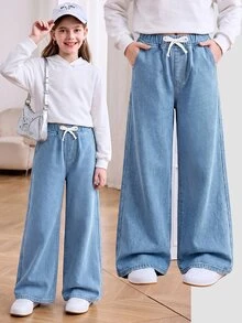SHEIN Kids Tween Girl Light Blue Ruffled Bottom Warmth-Friendly Loose-Fitting Denim Jeans For Black To School Autumn Winter - Blue - View 6