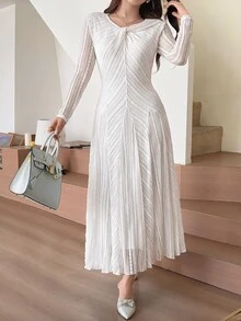 Feyla Women's Solid Color Pleated Casual Party Dress - Apricot - View 6