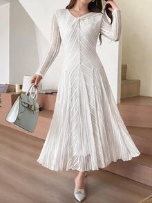 Feyla Women's Solid Color Pleated Casual Party Dress - Apricot - View 8