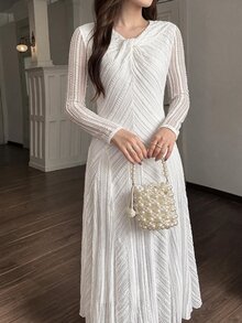 Feyla Women's Solid Color Pleated Casual Party Dress - Apricot - View 2