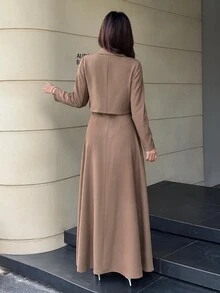 Heiryn Women's Spring/Autumn Elegant Elegant Minimalist Solid Color Single-Breasted Open Front Cropped Jacket And Waist-Cinching Dress 2 Pieces Set - Camel - View 7