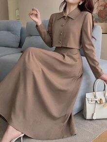 Heiryn Women's Spring/Autumn Elegant Elegant Minimalist Solid Color Single-Breasted Open Front Cropped Jacket And Waist-Cinching Dress 2 Pieces Set - Camel - View 3