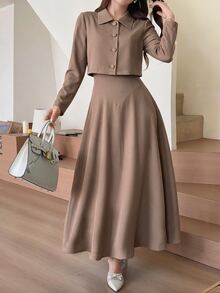Heiryn Women's Spring/Autumn Elegant Elegant Minimalist Solid Color Single-Breasted Open Front Cropped Jacket And Waist-Cinching Dress 2 Pieces Set - Camel - View 4