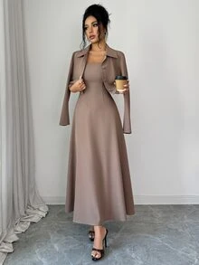 Heiryn Women's Spring/Autumn Elegant Elegant Minimalist Solid Color Single-Breasted Open Front Cropped Jacket And Waist-Cinching Dress 2 Pieces Set - Camel - View 11