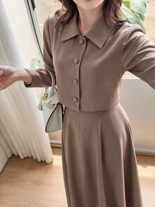Heiryn Women's Spring/Autumn Elegant Elegant Minimalist Solid Color Single-Breasted Open Front Cropped Jacket And Waist-Cinching Dress 2 Pieces Set - Camel - View 5