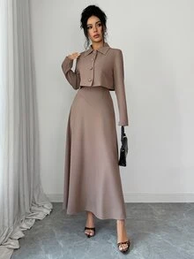 Heiryn Women's Spring/Autumn Elegant Elegant Minimalist Solid Color Single-Breasted Open Front Cropped Jacket And Waist-Cinching Dress 2 Pieces Set - Camel - View 10