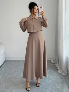 Heiryn Women's Spring/Autumn Elegant Elegant Minimalist Solid Color Single-Breasted Open Front Cropped Jacket And Waist-Cinching Dress 2 Pieces Set - Camel - View 8