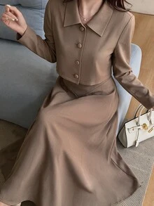 Heiryn Women's Spring/Autumn Elegant Elegant Minimalist Solid Color Single-Breasted Open Front Cropped Jacket And Waist-Cinching Dress 2 Pieces Set - Camel - View 1
