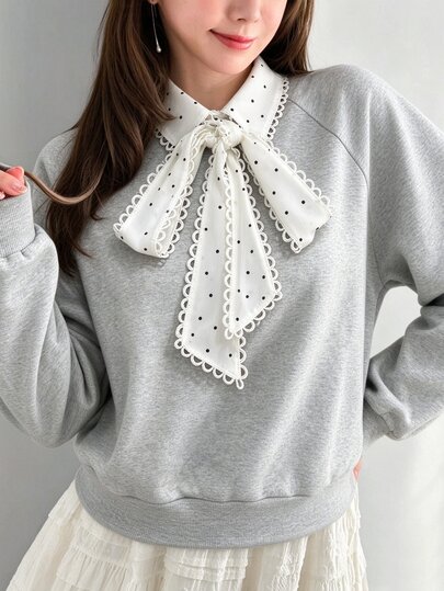 FRIFUL Women's Patchwork Polka Dot Pattern Knot Raglan Long Sleeve Casual Cute Preppy Sweatshirt Everyday School Black Polka Dot Light Grey Autumn