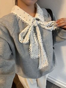 FRIFUL Women's Patchwork Polka Dot Pattern Knot Raglan Long Sleeve Casual Cute Preppy Sweatshirt Everyday School Black Polka Dot Light Grey Autumn Winter - Grey - View 7
