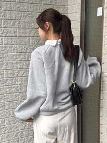 FRIFUL Women's Patchwork Polka Dot Pattern Knot Raglan Long Sleeve Casual Cute Preppy Sweatshirt Everyday School Black Polka Dot Light Grey Autumn Winter - Grey - View 3
