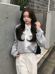 FRIFUL Women's Patchwork Polka Dot Pattern Knot Raglan Long Sleeve Casual Cute Preppy Sweatshirt Everyday School Black Polka Dot Light Grey Autumn Winter - Grey - View 6