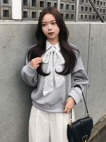 FRIFUL Women's Patchwork Polka Dot Pattern Knot Raglan Long Sleeve Casual Cute Preppy Sweatshirt Everyday School Black Polka Dot Light Grey Autumn Winter - Grey - View 5