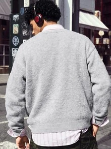 NEOSTRIT Men Casual Grunge Graphic Streetwear Figure Letter Pattern Knit Color Block Pullover Long Sleeve Sweater, Autumn/Winter, Vacation Beach Holiday White - Grey - View 2