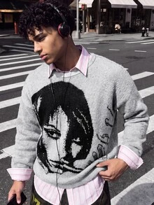 NEOSTRIT Men Casual Grunge Graphic Streetwear Figure Letter Pattern Knit Color Block Pullover Long Sleeve Sweater, Autumn/Winter, Vacation Beach Holiday White - Grey - View 3