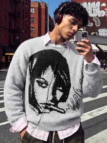 NEOSTRIT Men Casual Grunge Graphic Streetwear Figure Letter Pattern Knit Color Block Pullover Long Sleeve Sweater, Autumn/Winter, Vacation Beach Holiday White - Grey - View 4