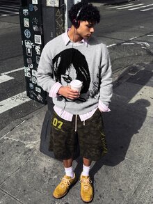 NEOSTRIT Men Casual Grunge Graphic Streetwear Figure Letter Pattern Knit Color Block Pullover Long Sleeve Sweater, Autumn/Winter, Vacation Beach Holiday White - Grey - View 5