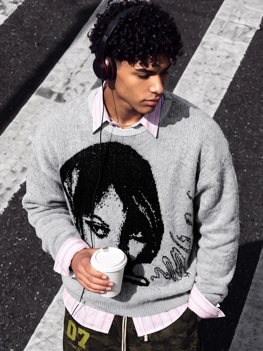 NEOSTRIT Men Casual Grunge Graphic Streetwear Figure Letter Pattern Knit Color Block Pullover Long Sleeve Sweater, Autumn/Winter, Vacation Beach Holiday White - Grey - View 1