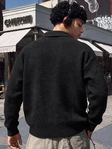 NEOSTRIT 男士字母與臉部圖案休閒日常長袖針織衫，秋冬中性風格，情侶穿搭，最佳節日禮物 - 黑色 - 查看 2