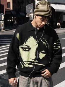 NEOSTRIT 男士字母與臉部圖案休閒日常長袖針織衫，秋冬中性風格，情侶穿搭，最佳節日禮物 - 黑色 - 查看 3