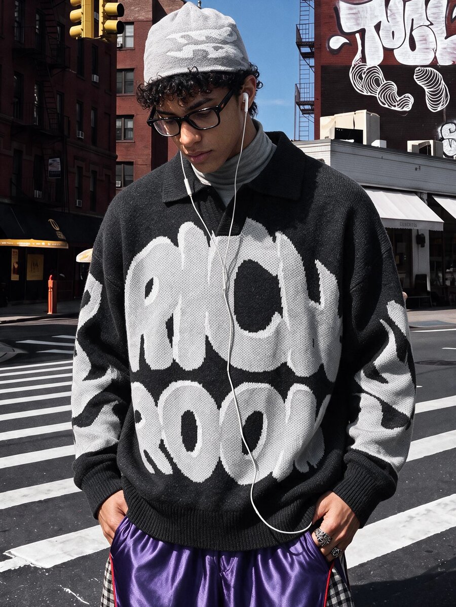 NEOSTRIT Men's Letter Print Casual Daily Wear Long Sleeve Sweater - Black - View 1
