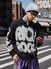 NEOSTRIT Men's Letter Print Casual Daily Wear Long Sleeve Sweater - Black - View 3