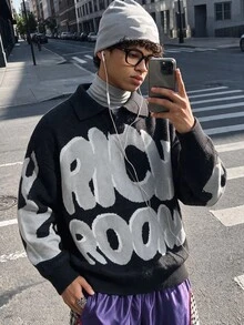 NEOSTRIT Men's Letter Print Casual Daily Wear Long Sleeve Sweater - Black - View 4