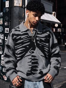 NEOSTRIT Men's Skeleton Pattern Lapel Long Sleeve Casual Sweater Pull, Sweaters Street College Style - Dark Grey - View 5