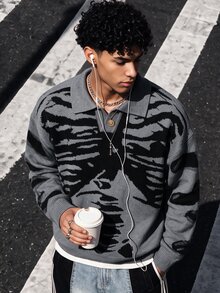 NEOSTRIT Men's Skeleton Pattern Lapel Long Sleeve Casual Sweater Pull, Sweaters Street College Style - Dark Grey - View 4
